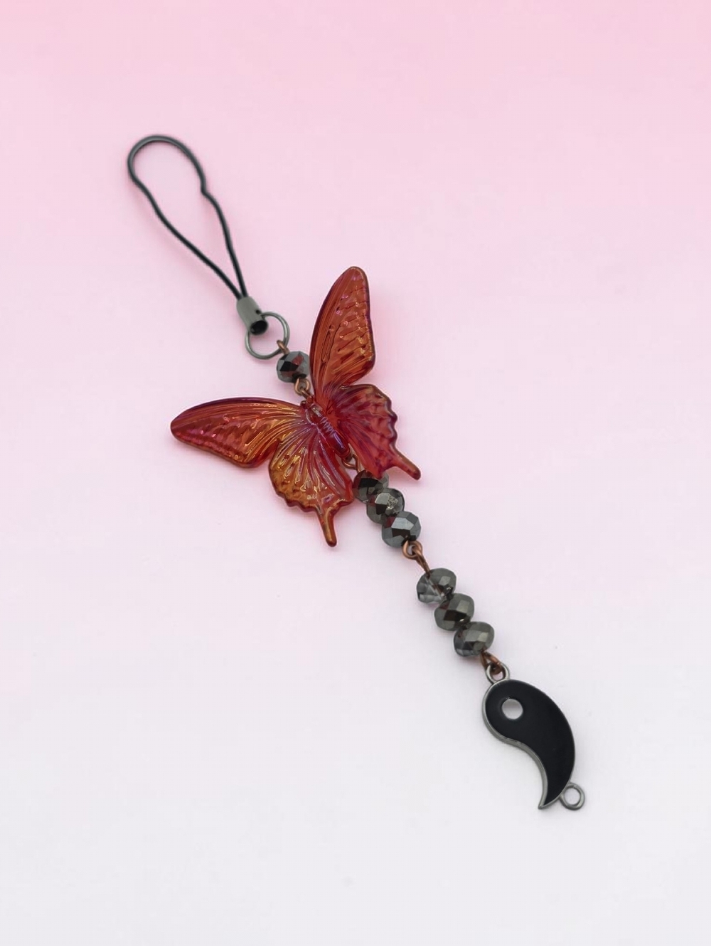Iridescent Red Butterfly Phone Charm with Black Yin-Yang Drop Pendant